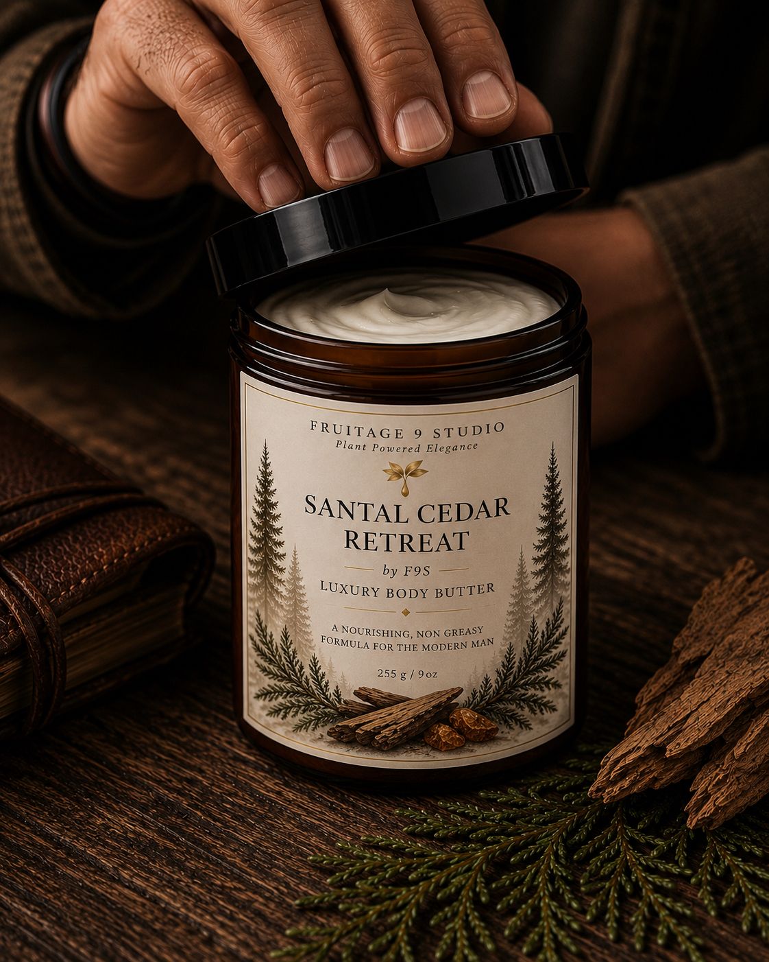 Santal Cedar Retreat by f9s luxury body butter for men Fruitage 9 Studio